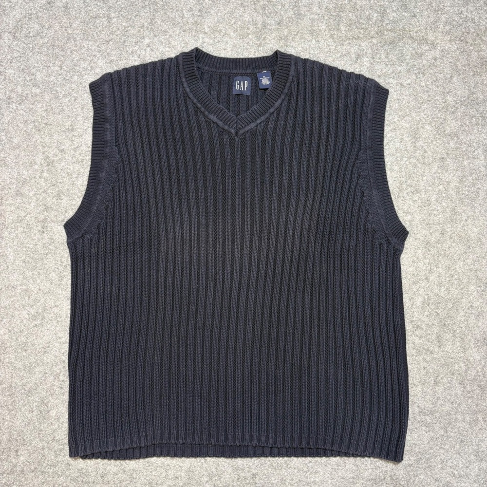 Gap Mens Ribbed V-Neck Sweater Vest Navy Blue 100% Cotton XL Sleeveless Pullover